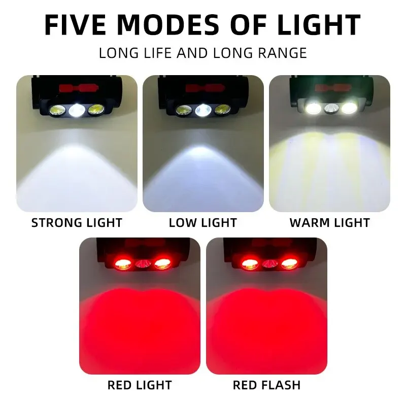 ضوء استشعار قوي لمسافات طويلة ، شحن USB ، محمول ، مثبت على الرأس ، في الهواء الطلق ، تشغيل ليلي ، صيد الأسماك