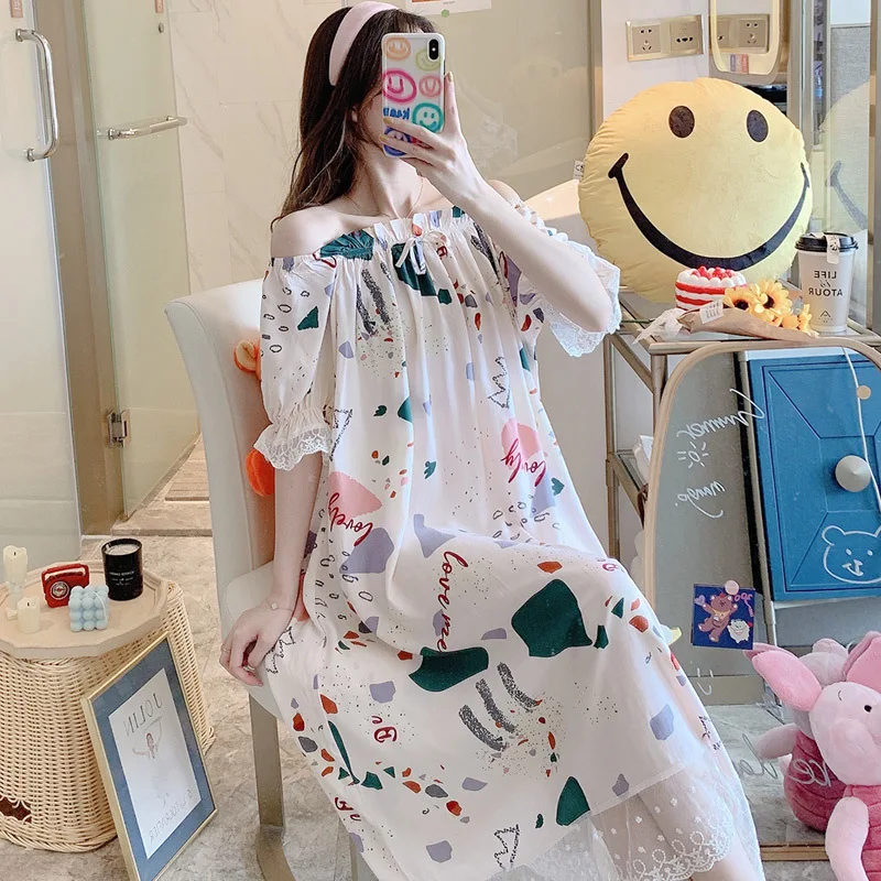 Wide Suspender Nightdress Women Summer Thin Cotton Silk Pajamas Night Gown Sexy Sleepwear