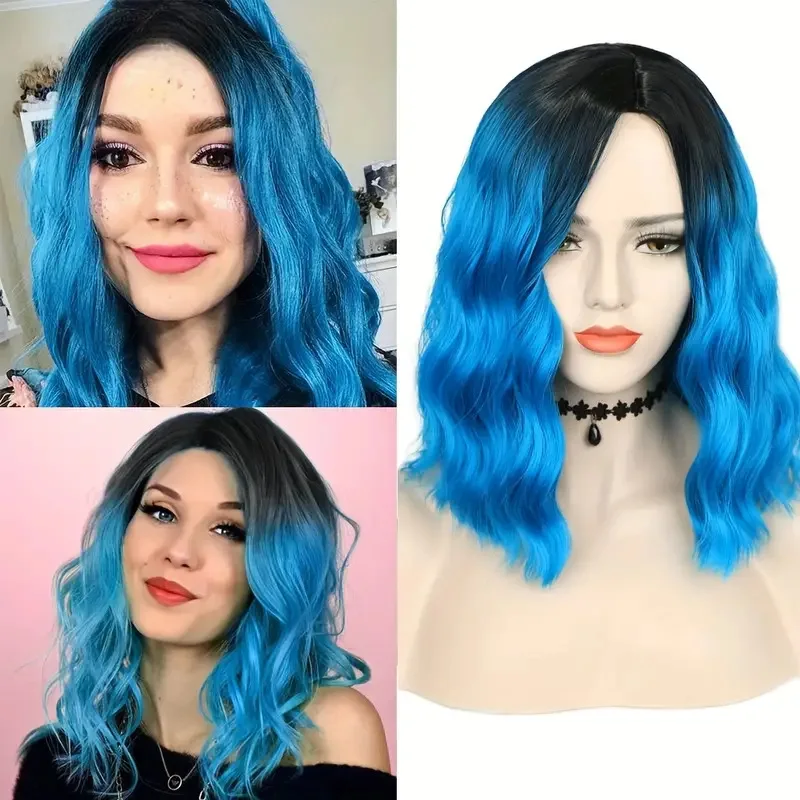 short rolls blue black halloween cosplay party gradient black to blue wig