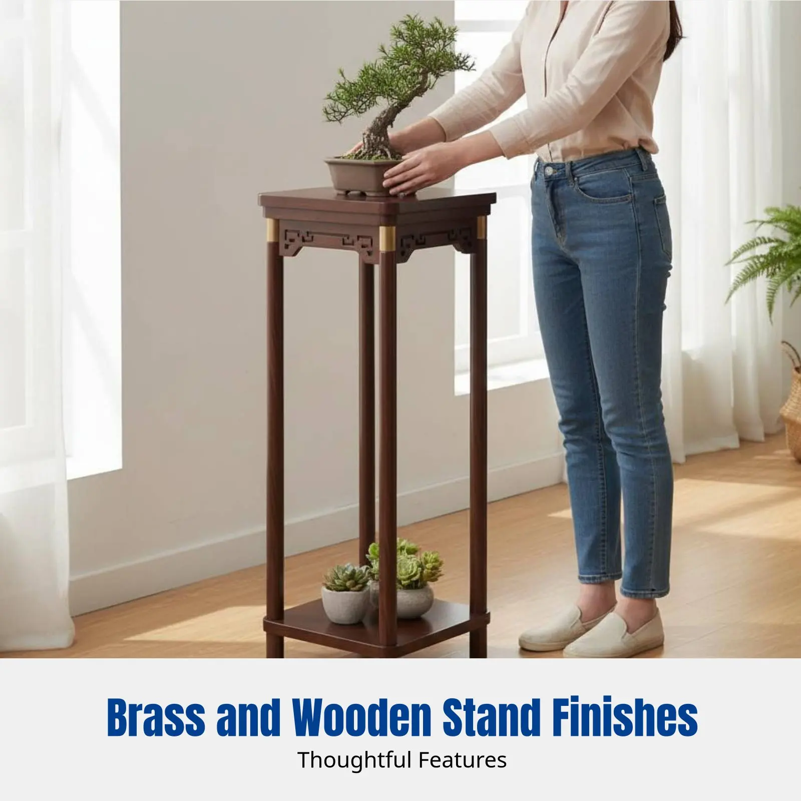 多層頑丈木製スタンド、中国風フロアプラントラック、リビングルーム、バルコニー用屋内収納棚