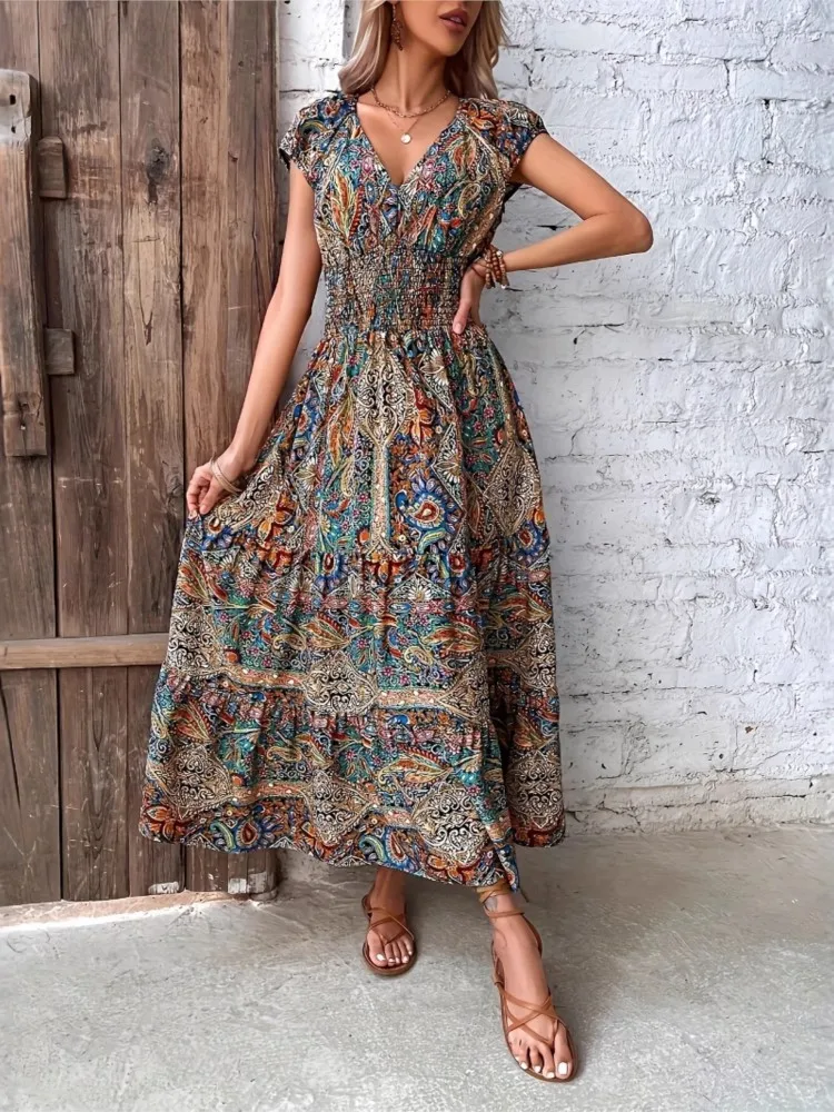 Women's Summer New Boho Dress Fashion Elegant V Neck Short Sleeve Beach Party Office Holiday Casual Dresses For Women Robe Femme