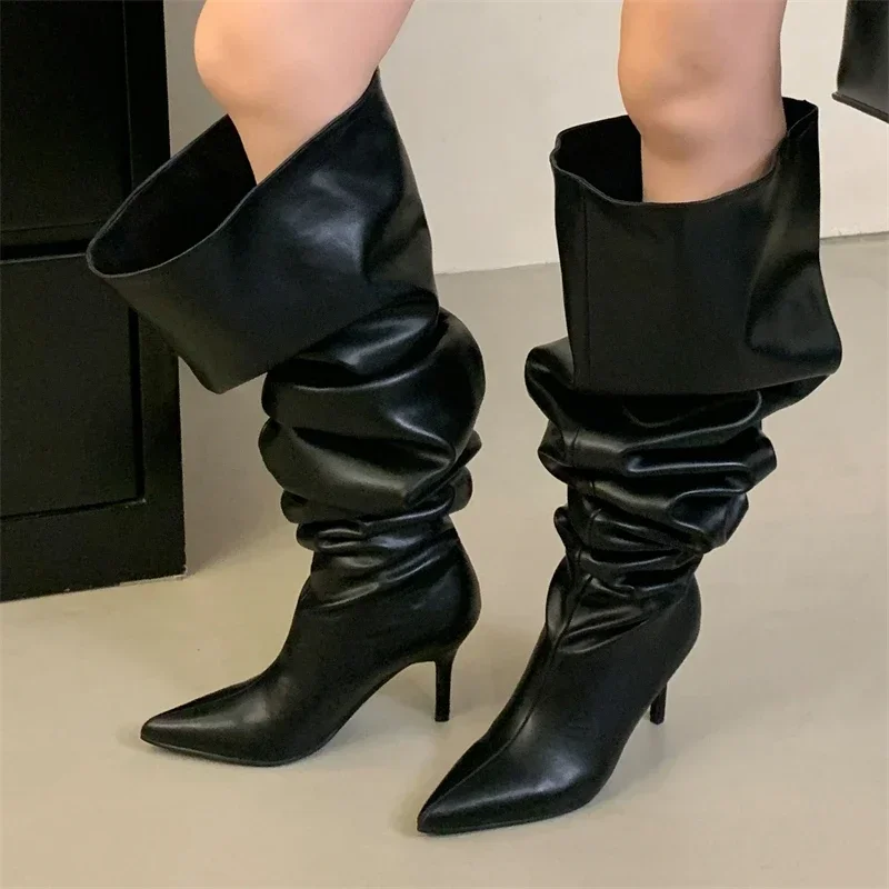 

Aneikeh Winter Street Style Pointed Toe Women Over-The-Knee Boots Sexy Thin High Heels Stripper Motorcycle Long Booties Shoes