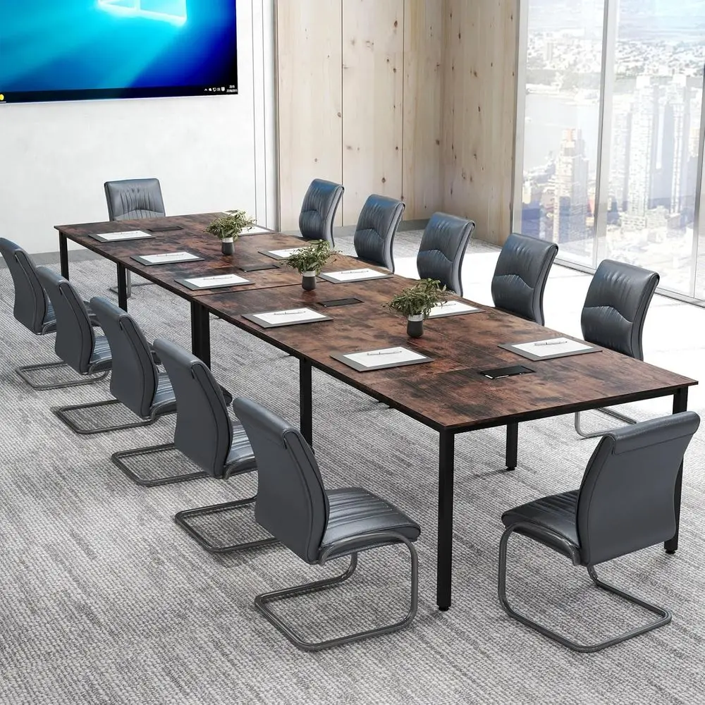 

Rustic Brown 95 x 48 Large Conference Table with Metal Frame and 2 Cable Grommets for Seminars and Meetings