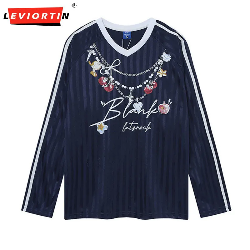 

Мужская модная брендовая быстросохнущая спортивная свободная повседневная футболка с цифровой цепочкой и v-образным вырезом с длинными рукавами