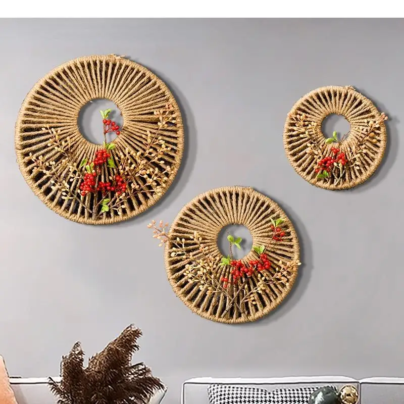 Chinese Rattan Round Wall Decoration 3-piece Set Hanging Pendant Hand-woven Hemp Rope Crafts Home Wall-mounted Ornaments