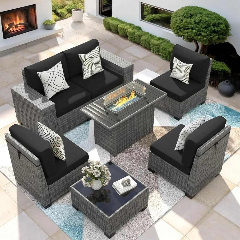 

7 Piece Set with Fire Pit Table,Outdoor Sectional Conversation Sets Wicker Rattan Sectional Sofa with Coffee Table