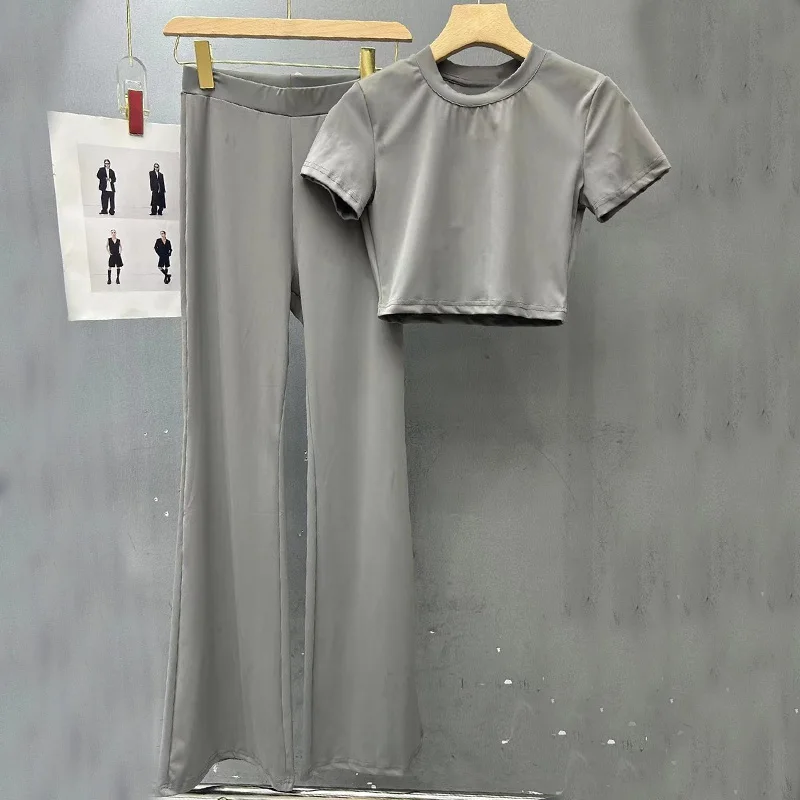 

Summer Super Short Tops + Long Flared Pants Sets For Women Solid Two Piece Suit Casual