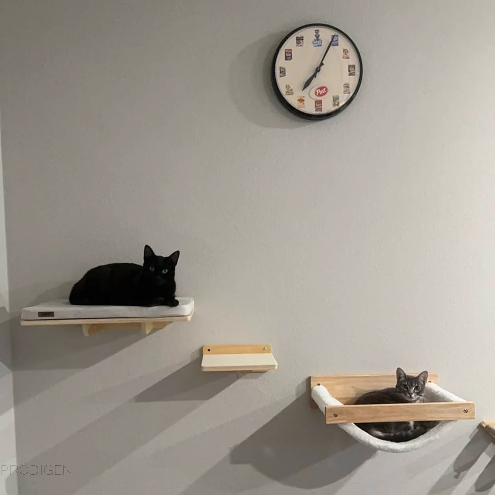 Wall Mounted Cat Climbing Wood Shelves Cat Hammock with Jumping Platform or Scratching Post for Cat Playing and Sleeping