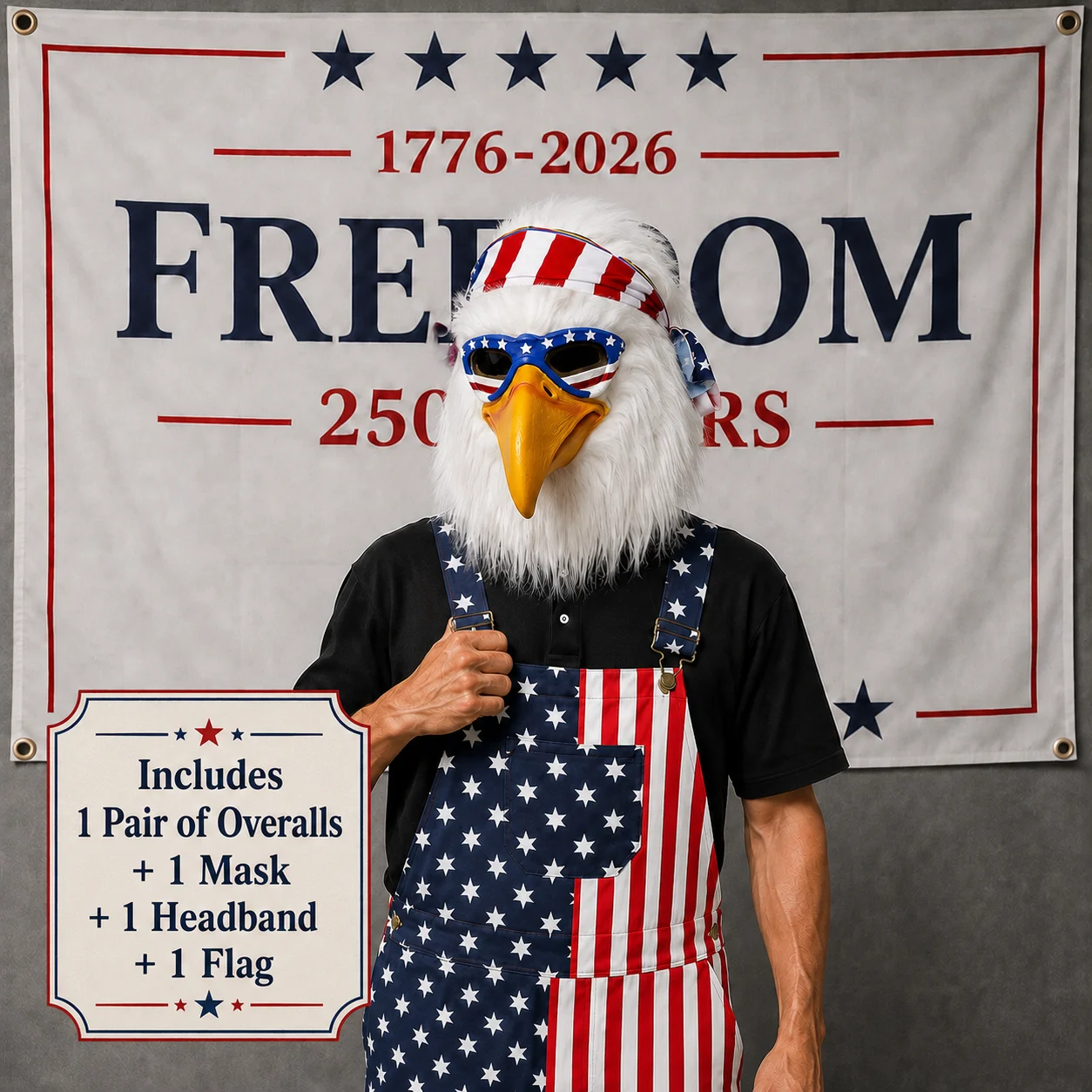 3PC Bald Eagle Mask USA Flag Overalls Freedom Flag Set Patriotic Party Costume for 4th of July Parade Celebration