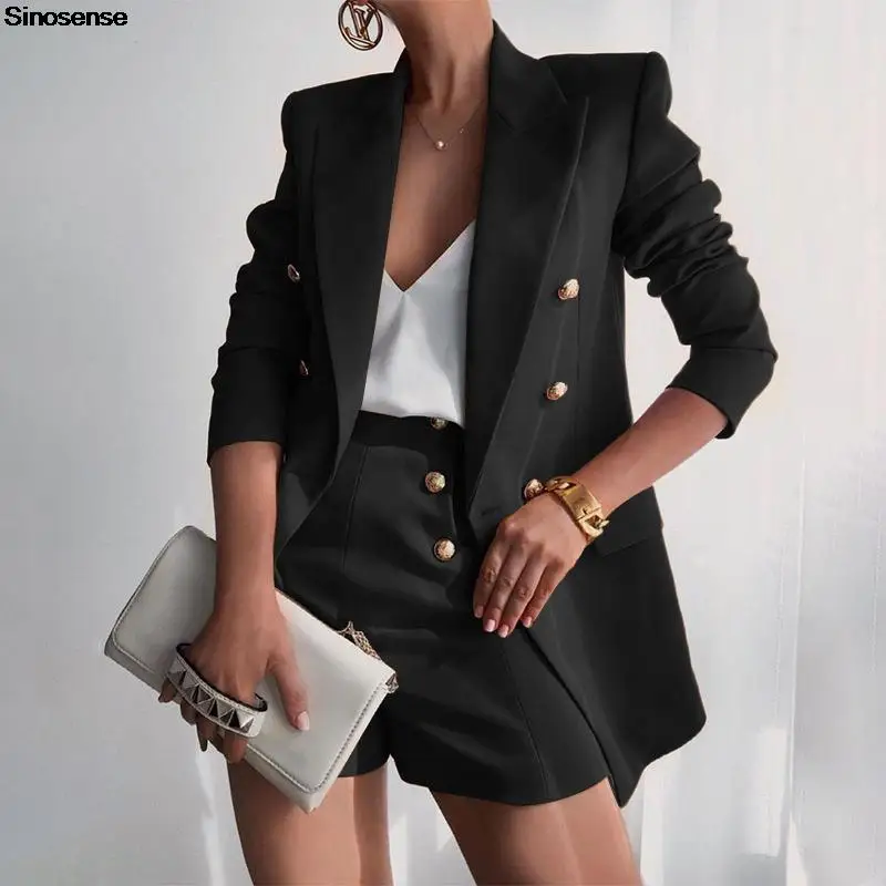 Women\'s Fashion Classic Two 2 Piece Set Long Sleeve Blazer Suit+Button Flare Shorts Suits Casual Elegant OL Business Suit