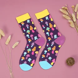 1 Pair Women Colorful Small Mushroom Print Mid-Calf Socks ，Fashionable  Comfortable Suit In All Seasons