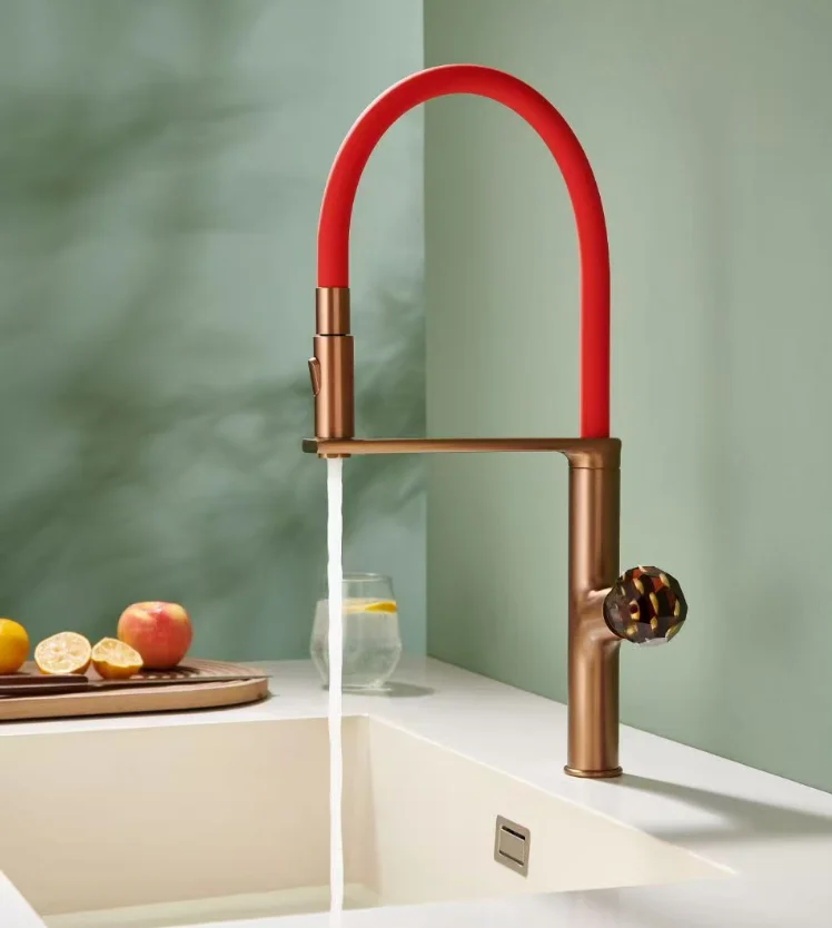 

2025 Luxury Brush Rose Gold Crystal Handle 360 Swivel Brass Silicone Pipe Kitchen Sink Faucet With Pull Down Sprayer