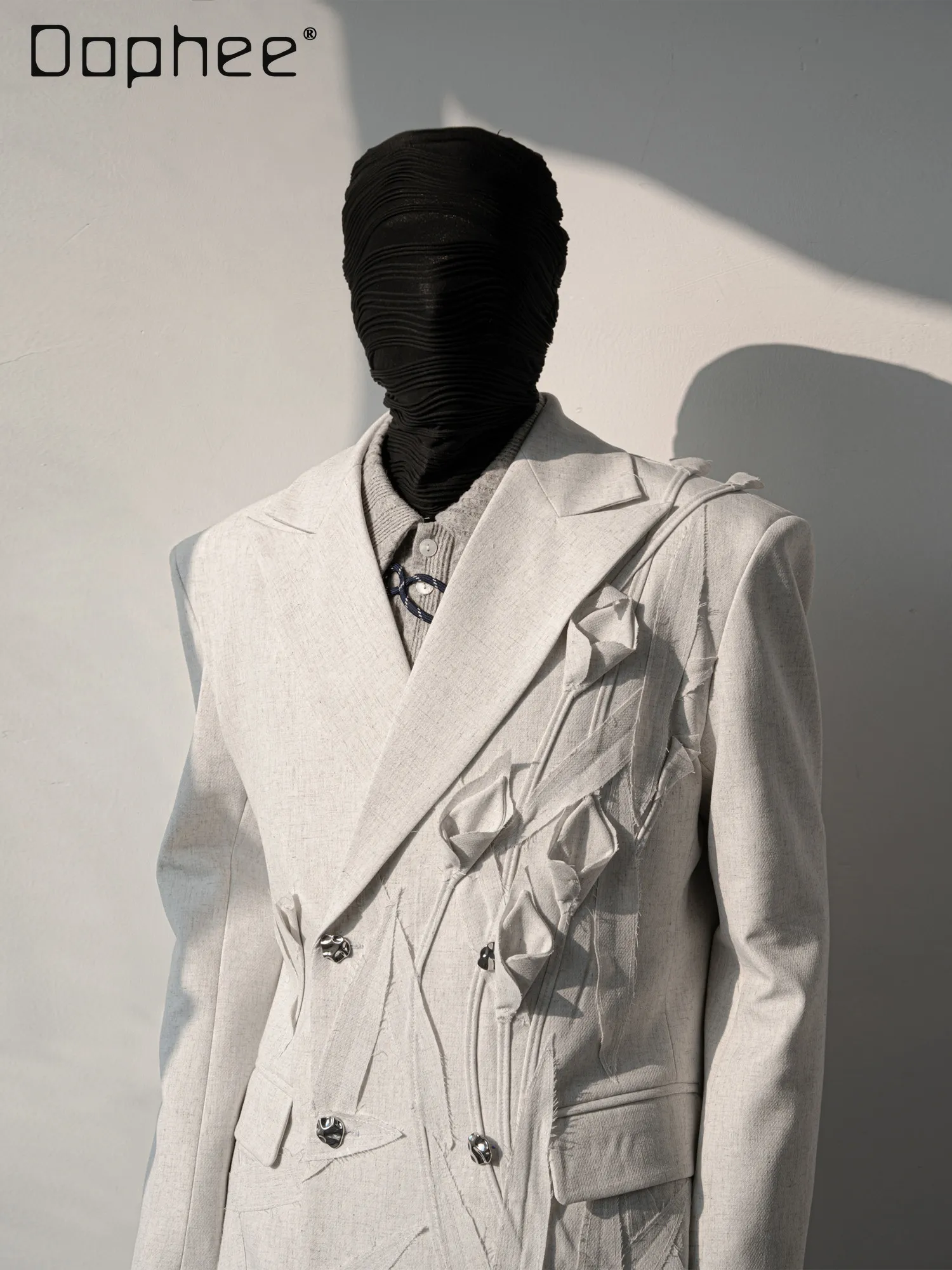 

2026 Spring Autumn Men's Light White Gray Handmade Floral Blazer High Waist Wide Leg Pants Luxury Elegant Banquet Host Suit