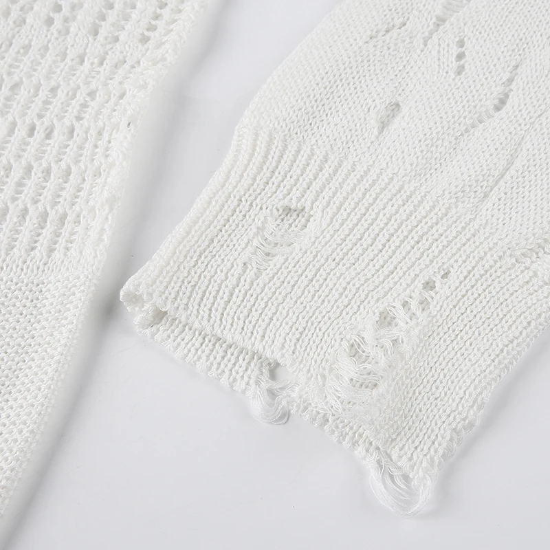 グランジフェアリーコア女性のリッピング中空セーターストリートソリッド長袖クルーネックニット秋ラウンドネックプルオーバー