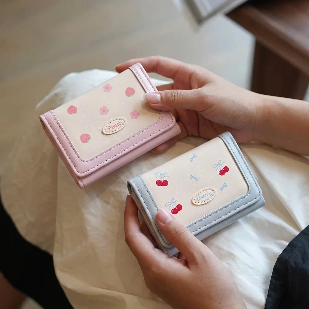Korean Style Sweet Cherry Fruit Small Tri-fold Wallet PU Leather Multi‑Card Slots Credit ID Card Holder Portable Coin Purse
