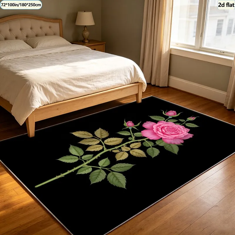 Vintage Pink Rose Branch Plant Pattern Carpet, Artistic Printed Carpet, Suitable for Living Room Bedroom Indoor Floor Decoration