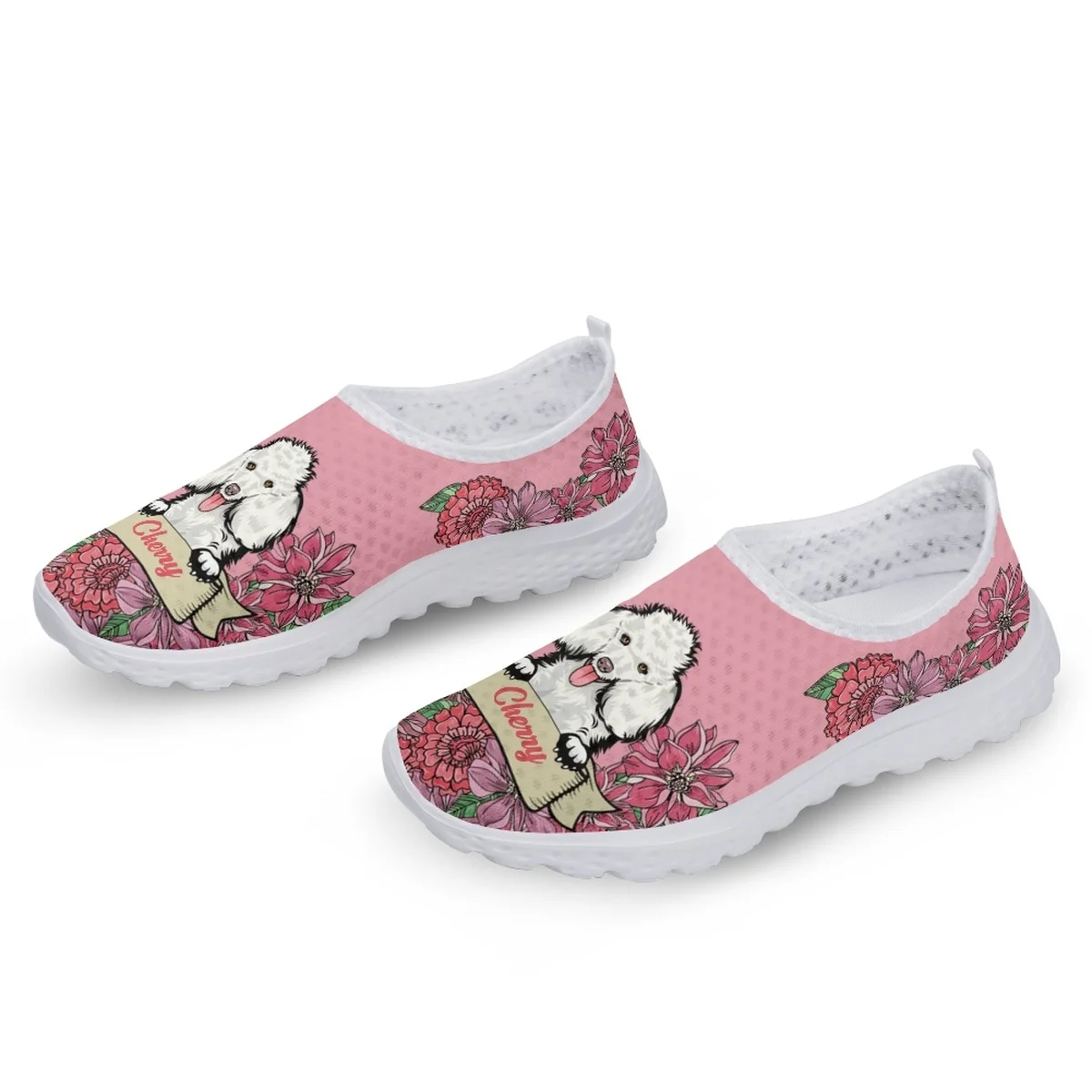 INSTANTARTS Women's Custom Name Flats Poodle Dog Floral Pattern Lady Wear-Resistant Tennis Snekaers Casual Slip-on Mesh Loafers