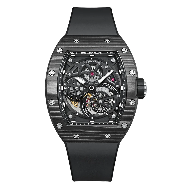 BONEST GATTI Men Automatic Watch Mechanical Carbon Fiber Bezel Tonneau Luminous Case Fluororubber Strap Small Second Dial