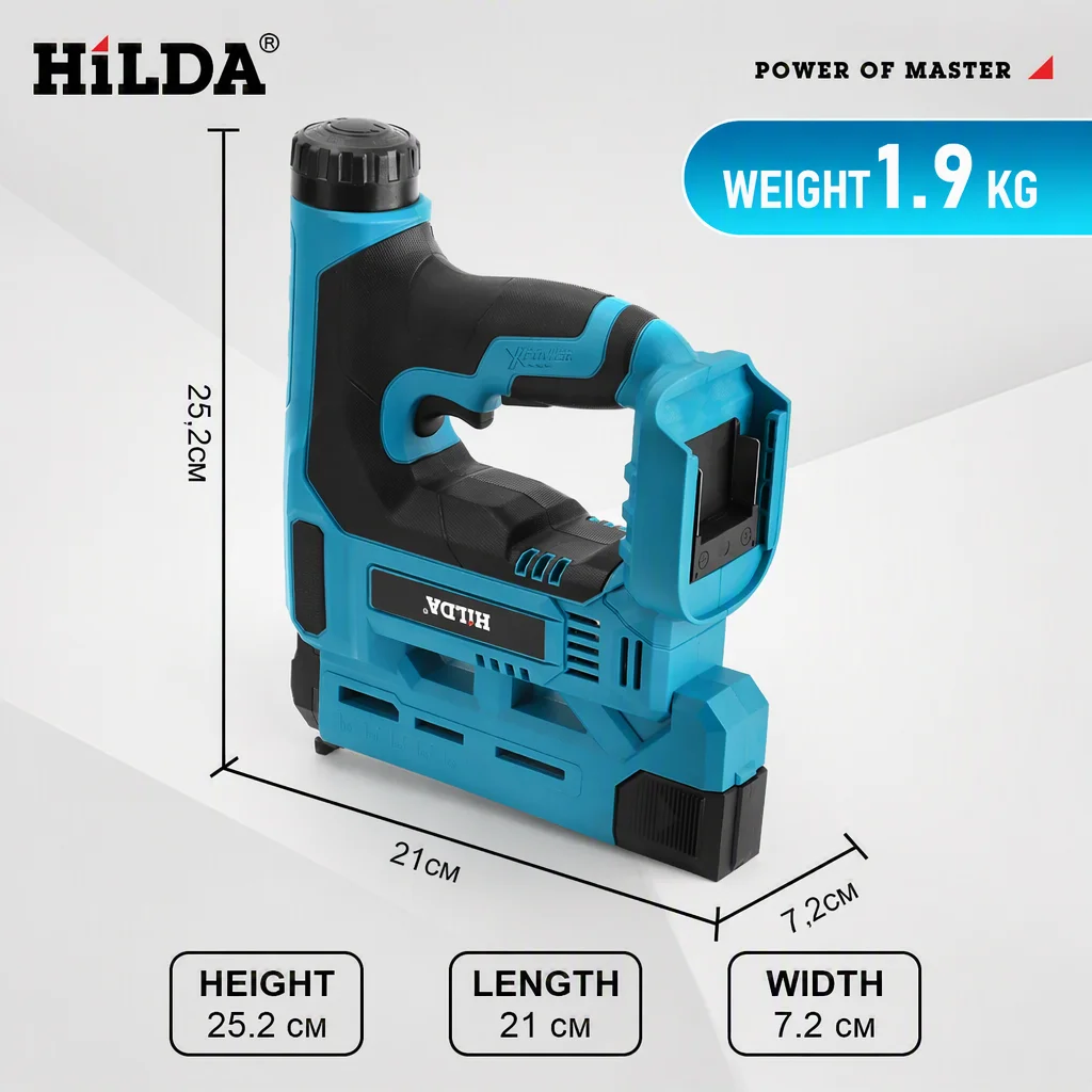 HILDA Cordless Nail Gun 6‑Level Adjustable Force Electric Stapler Visual Magazine LED Light 2‑in‑1 Brad Nailer for Wood Fabric view 5