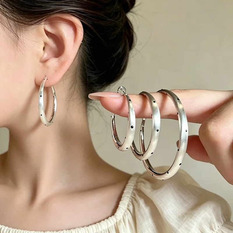 Hoop Earrings Matte Silver Polka Dot Oversized Minimalist Retro Slimming Design Daily Commute Photoshoot Jewelry for Women