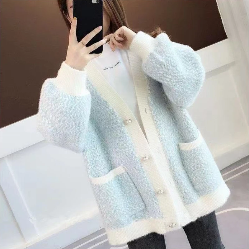 DAYIFUN-Women's Chenille Imitation Mink Wool Sweaters Knitting Cardigans with Pocket Long Sleeve Coats Autumn Winter 2023 Tops