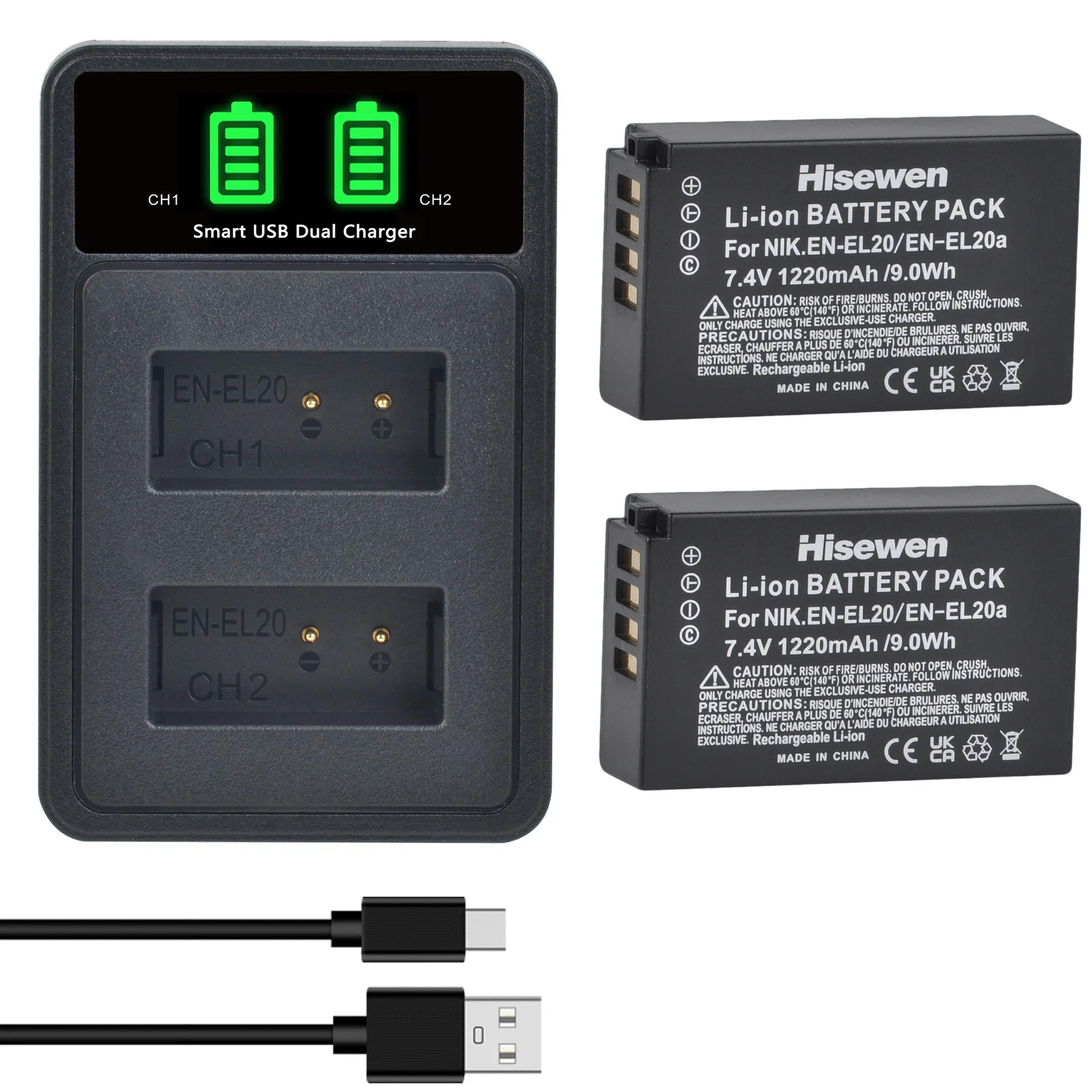 Hisewen EN-EL20 EN-EL20a Battery for Nikon Coolpix P1100 P1000 P950 Coolpix A 1 AW1 1 J1 J2 J3 DL24-500 LED Charger for ENEL20