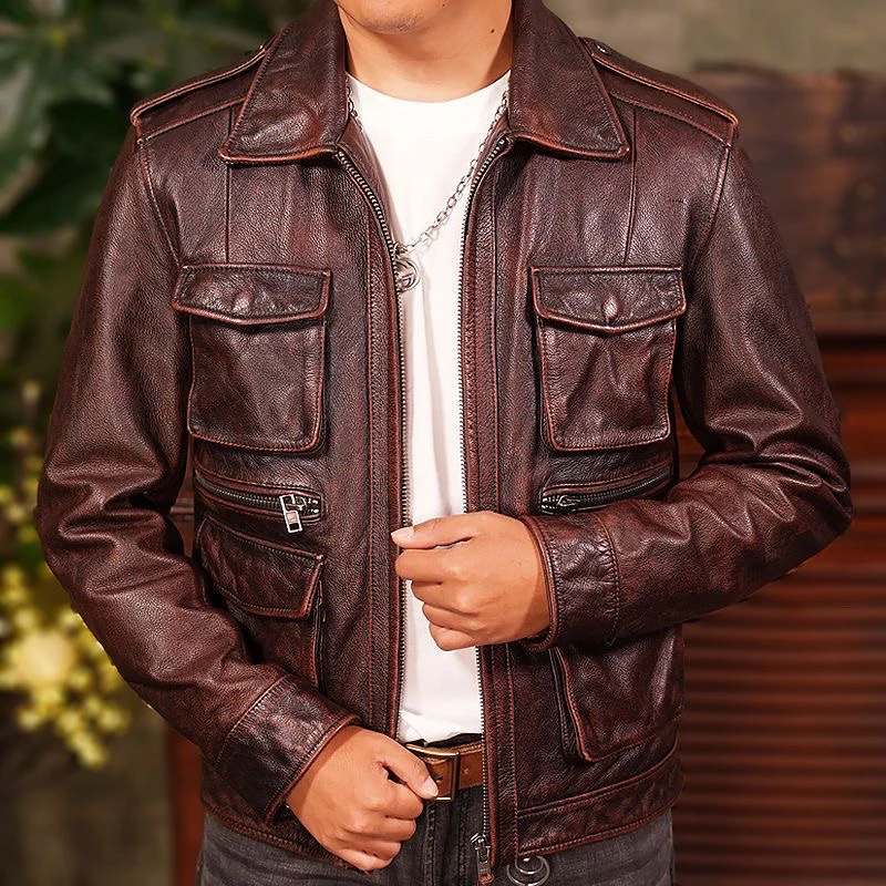 2024 New Heavy Duty Vintage Men's Leather Jacket Thin Windproof Slim Fit Hunting Coat Retro Jacket Trendy Business Casual Zip... - view 4