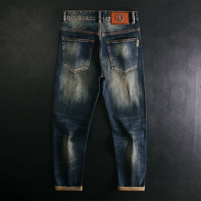 High end retro light luxury jeans for men's casual, versatile, washed, elastic, slim fit, small straight leg, classic and trendy