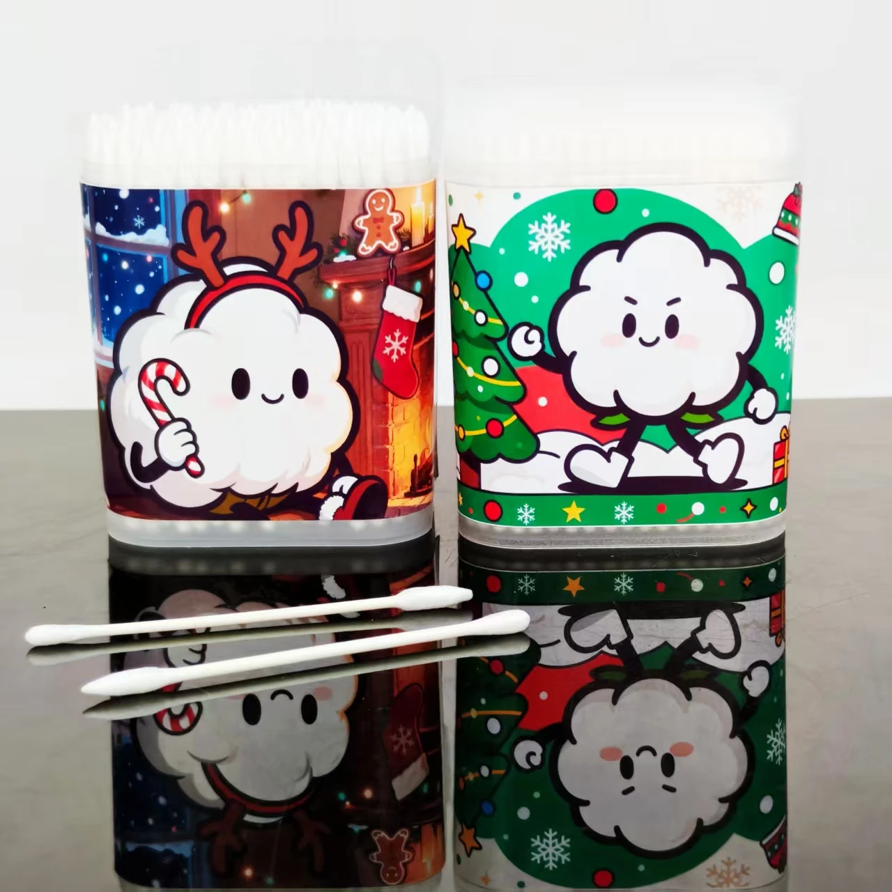 200개/400개 크리스마스 시리즈 패턴 면봉 흰색 미세 축 면봉 선물용 면봉