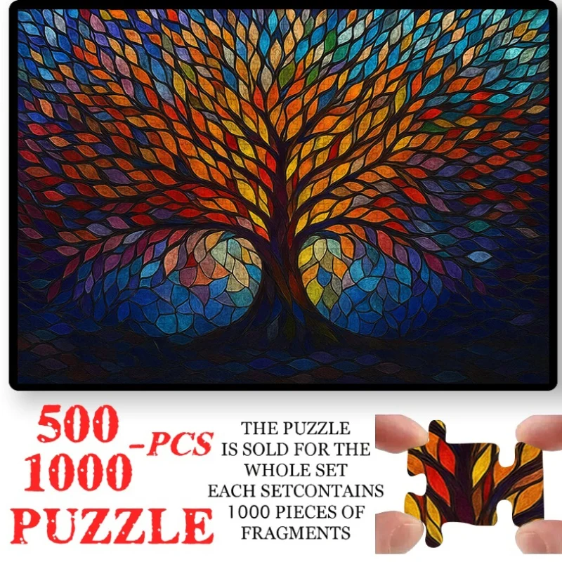 

500/1000pcs Colorful Glass Style Life Tree Puzzle | Cardboard, Large Size, Suitable for Living Room Decor, Home Decor, Creativ