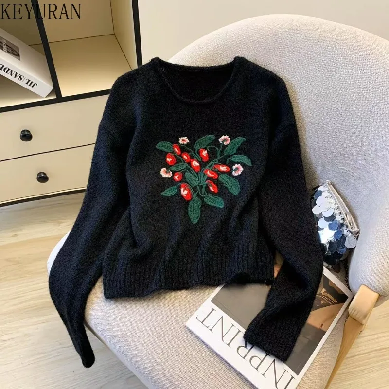 

Korean Floral Embroidered Knit Sweater Pullover Women Autumn Vintage Elegant Chic O-neck Long Sleeve Knitwear Tops Ladies Jumper