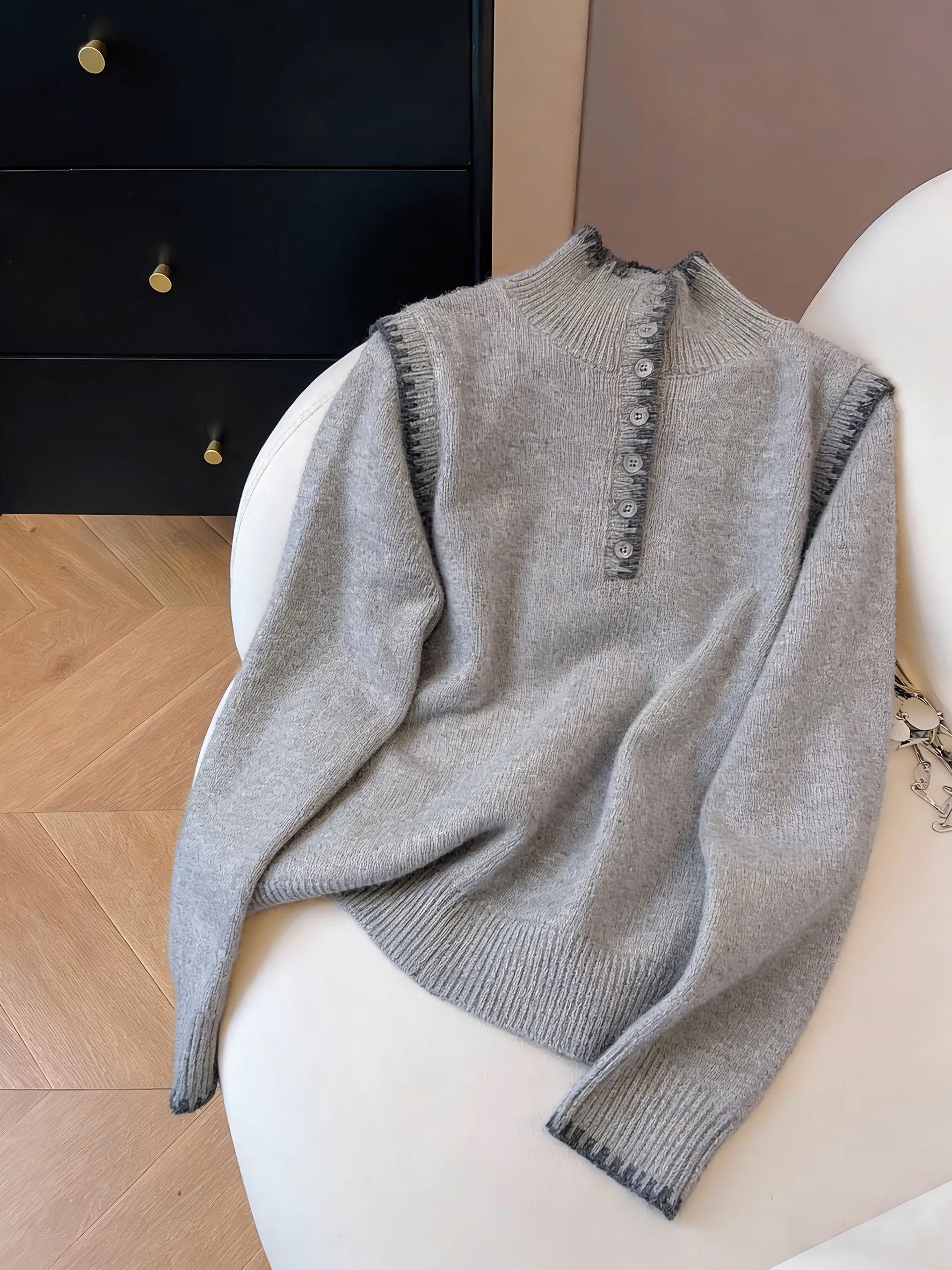 

Ele ey Vintage Knitted Top Women's Long Sve Casual f Button Stand Collar Spring Autumn Versatile Comfortable irt