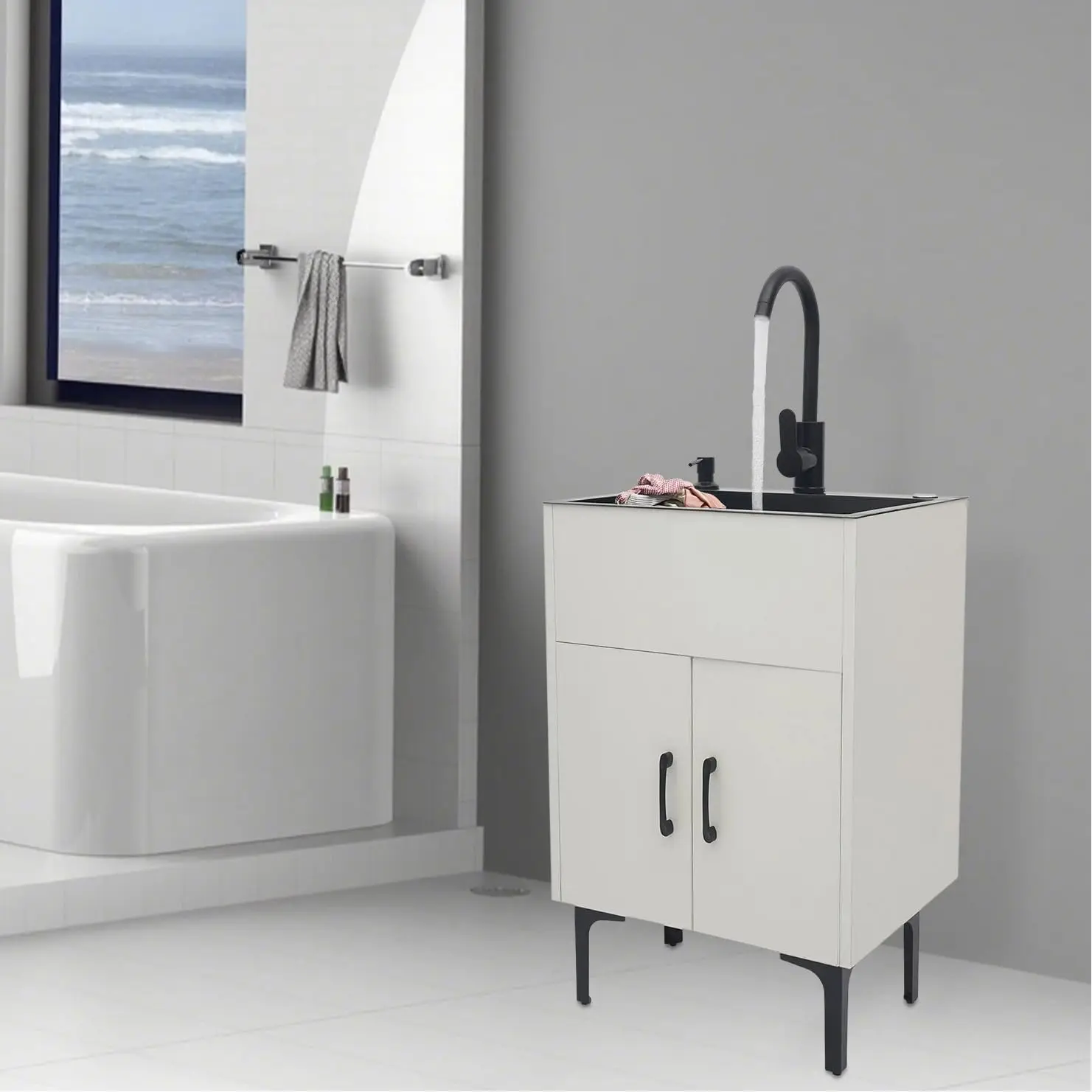 

20" Laundry Sink with Cabinet & 360° Swivel Hot/Cold Faucet, Freestanding Kitchen Sink Cabinet with Stainless Steel , Customized