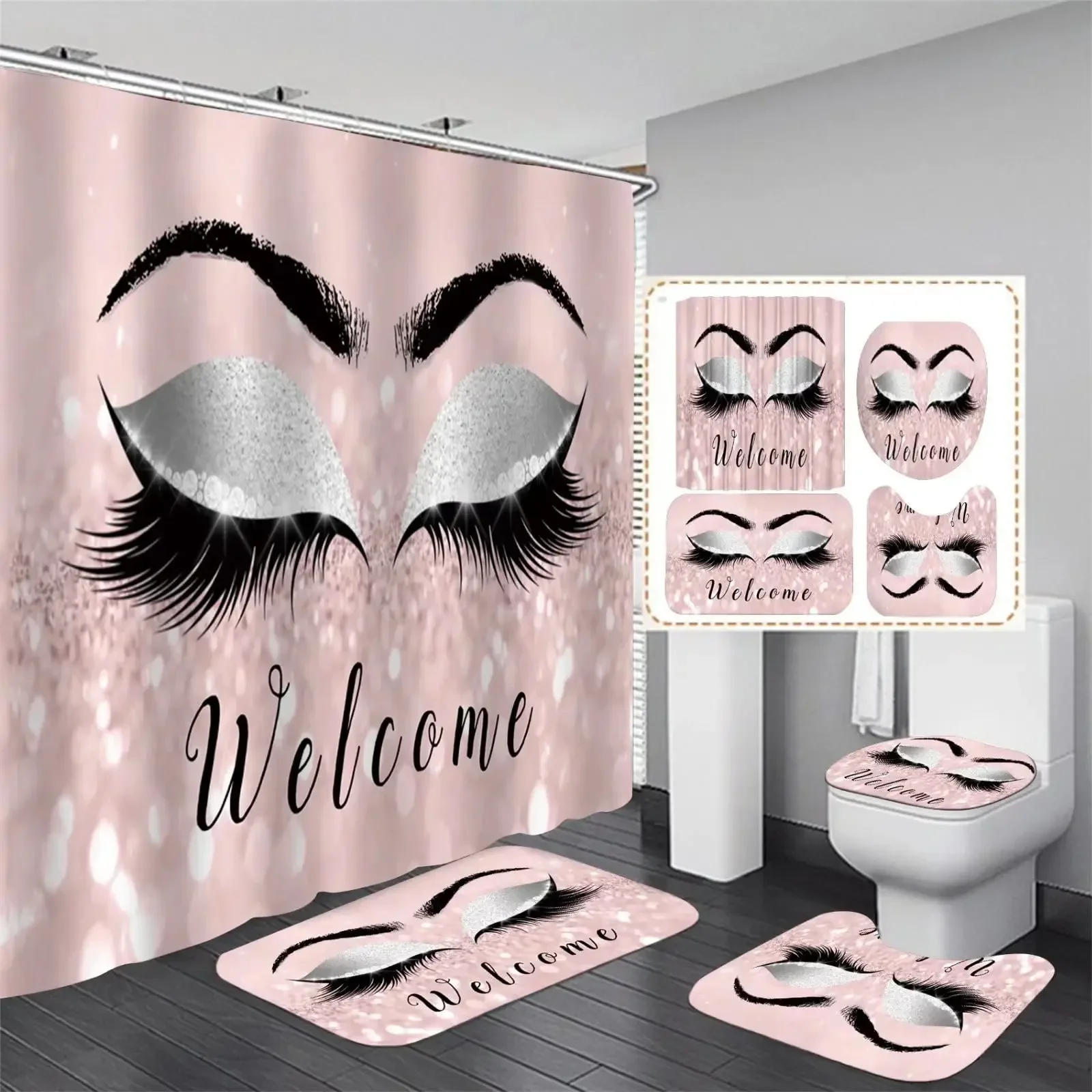 Girly Rose Gold Eyelash Makeup Shower Curtain Bath Curtain Set Spark Rose Drip Bathroom Curtain Eye Lash Beauty Salon Home Decor