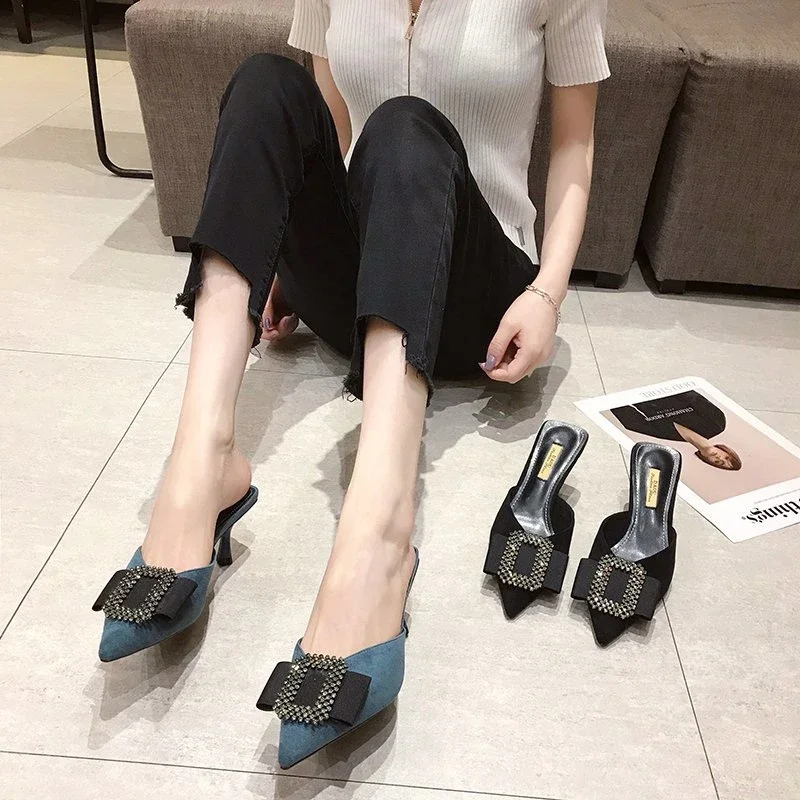 2024 Female Shoes Cover Toe Butterfly-Knot Mules For Women Slippers Casual Square heel Loafers Slides Med Luxury Pointed