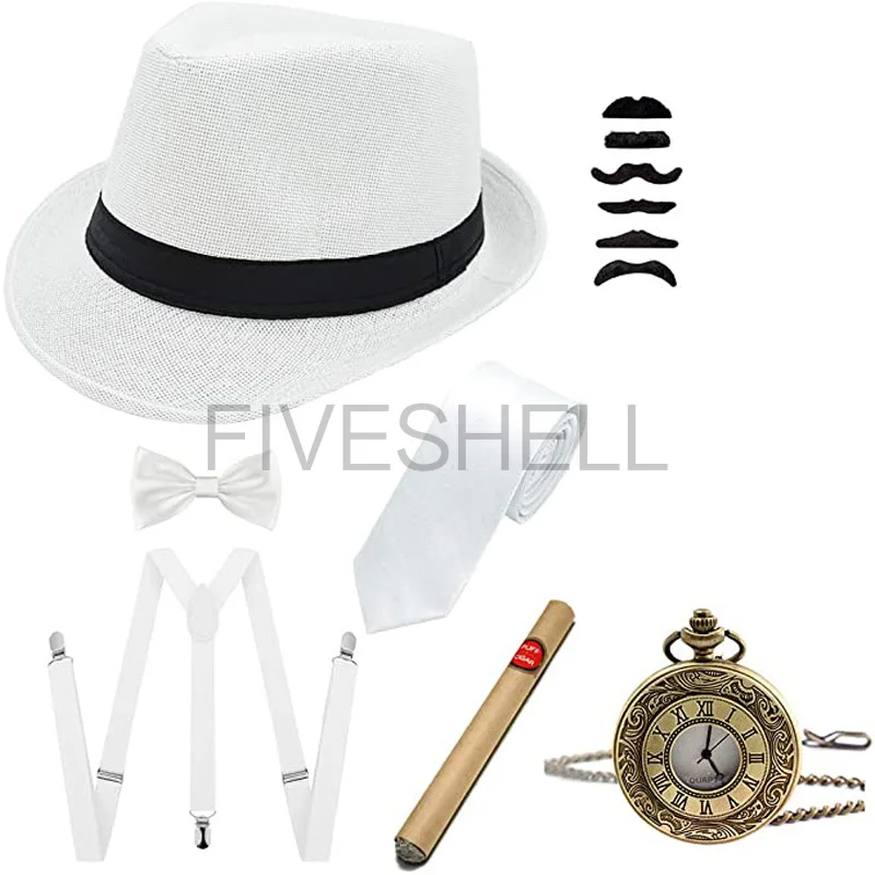 Mens 1920s Gatsby Gangster Traje Acessórios Set Hat Braces Bow Tie Bigode Toy Charuto Rugindo 20s Gentleman Trajes