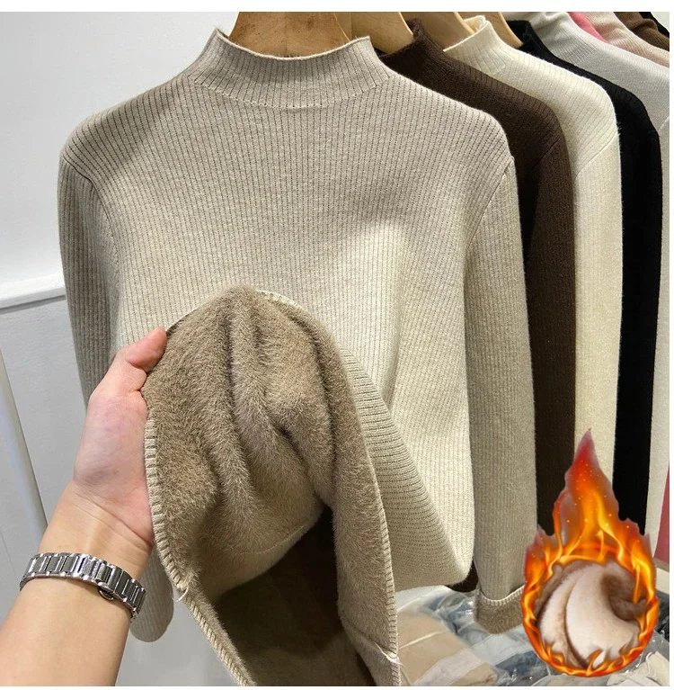 Turtleneck Winter Sweater Women Elegant Thicken Velvet Lined Warm Sueter Knitted Pullover Slim Tops Jersey Knitwear Jumper New