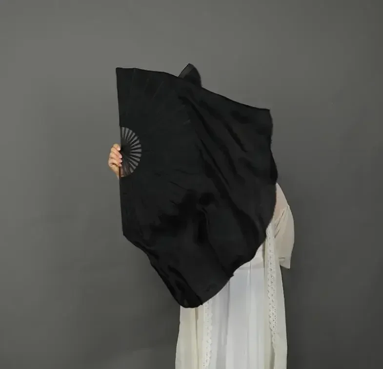 Volledige Zwarte Echte Zijde Bamboe Fan Sluier Paren (1L + 1R) Vrouwen Buikdans Halve Maan Cirkel Fan Dubbele Lagen Lichtgewicht 41 cm 86 cm