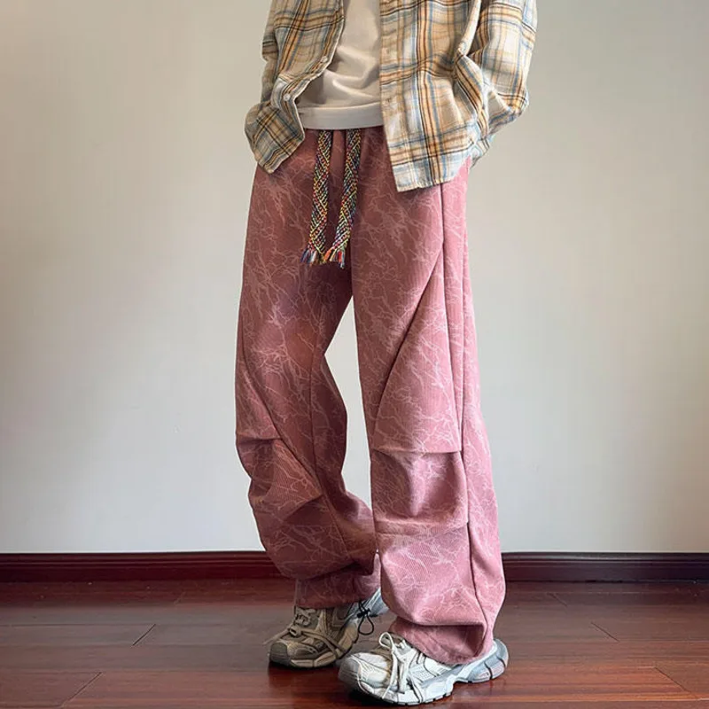 Luzhen 2025 moda inverno design plissado cordão cintura elástica em linha reta calças casuais masculinas calças de rua originais jy4843