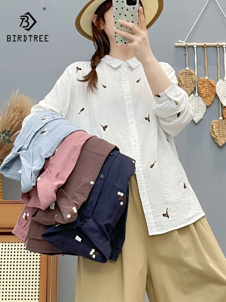

New 2025 Autumn Cotton Yarn Long Sleeve Shirt, Women Turn-down Collar Embroidery, Mori Girl Fashion Sweet Loose Blouse T58053CC