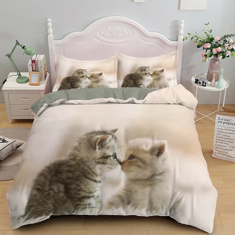 Lovely Pet Cat Bedding Set Cute Kitten Duvet Cover with Pillowcase Single Bed Sets Queen King Size Animal Polyester Quilt Covers