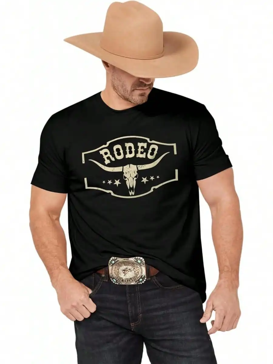 Crewneck Apparel Longhorn Bull Skull Silhouette Rectangular Buckle Frame Printed Five Stars Matrix Solid Black Backdrop Daily