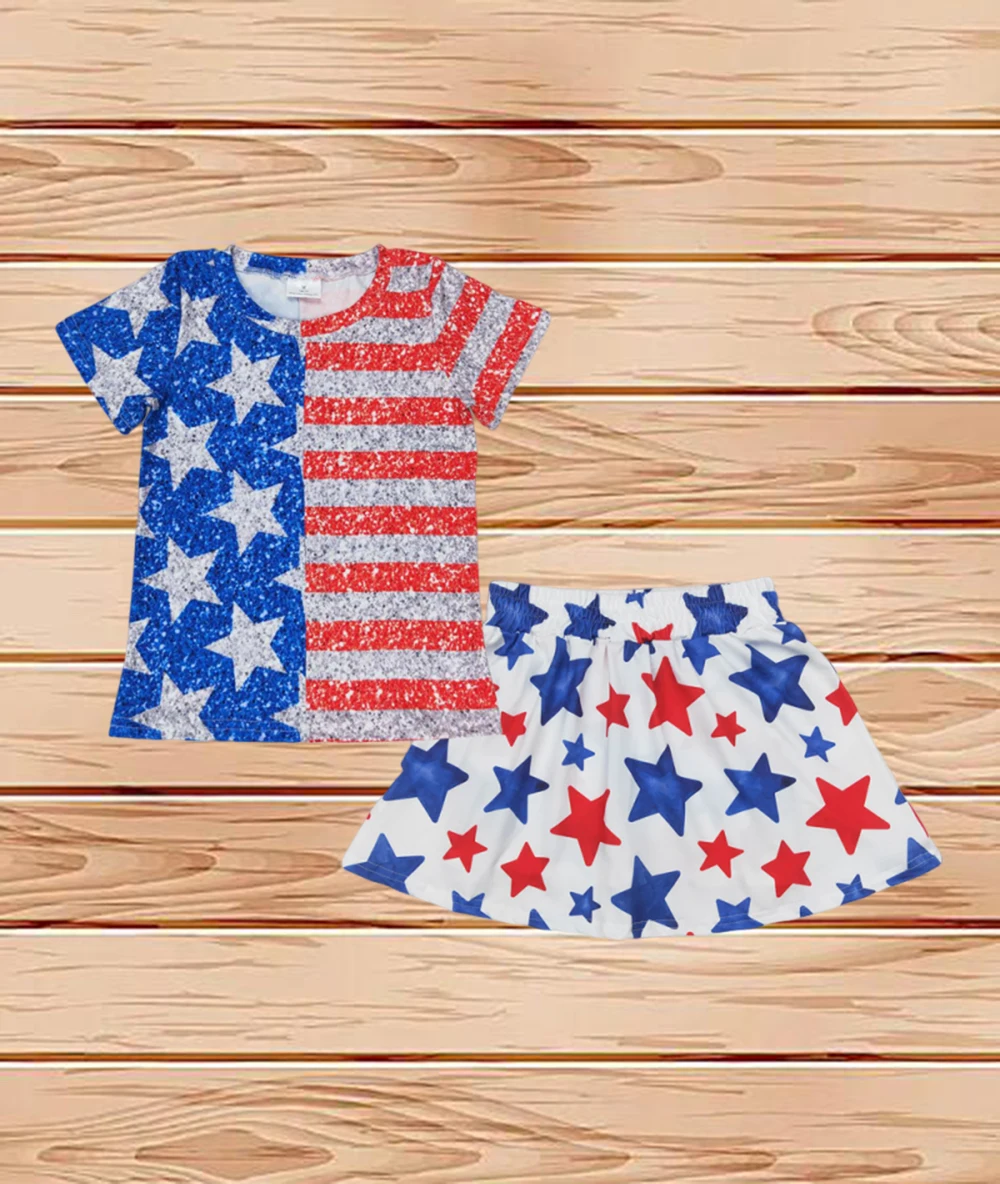 

4.8 Wholesale Western Boutique children clothing Baby Girls 4th of July Stars Shirt Skorts Clothes Sets