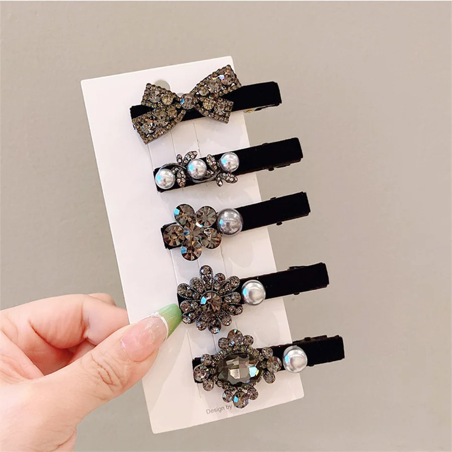 New fashion retro rhinestone velvet black bangs clip high-end side clip duckbill clip women\'s back head pearl hair accessory