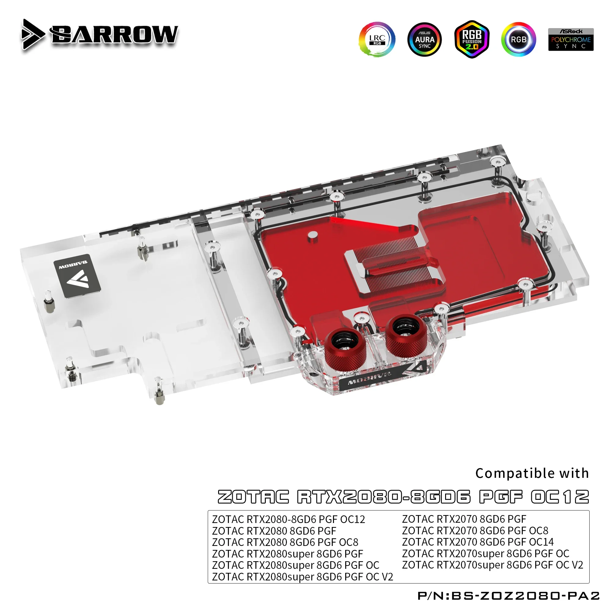 استخدام كتلة المياه BARROW لـ ZOTAC RTX 2080 / 2070 8GD6 AMP / PGF Extreme OC اللوحة الخلفية الأصلية، BS-ZOZ2080-PA2