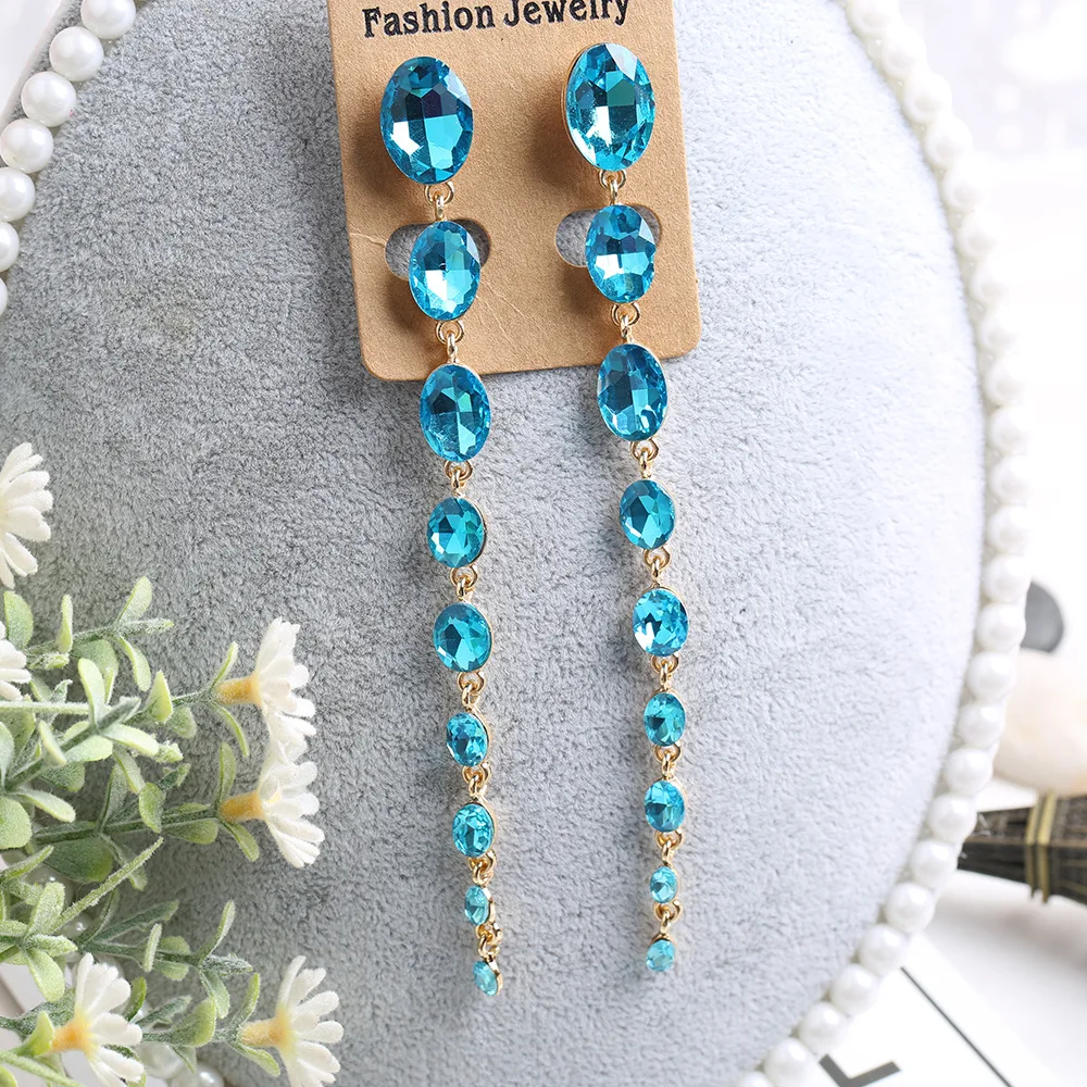 Prom Party Sieraden Damesmode Accessoires Gouden Kleur Lange Blauwe Edelstenen Ab Kristal Strass Hangende Oorbellen Voor Dames