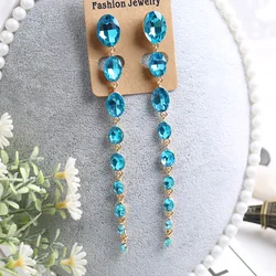 Prom Party Jewelry Women's Fashion Accessories Gold Color Long Blue Gems AB Crystal Rhinestone Hanging Drop Earrings for Women