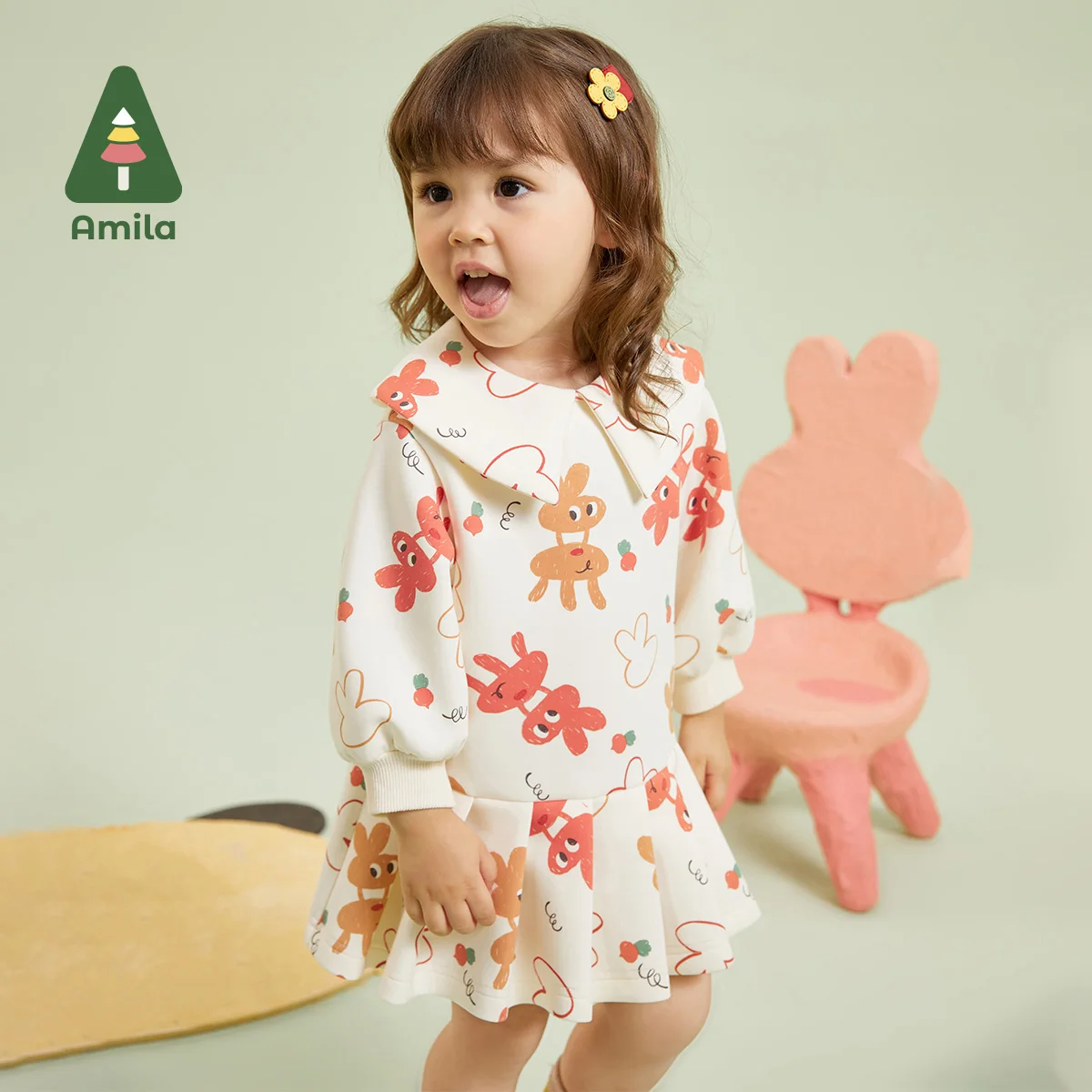 Amila Children\'s Clothing 2023 New Autumn  Cute Cotton Fun Printing Soft  Loose Fit Fashion Warm Insulation Dress Girls Baby