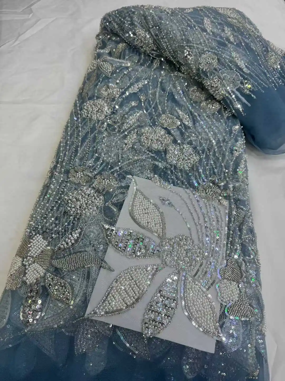 African Lace Fabric Flower Embroidery Sequins Beaded Mesh Lace 2025 Hot Sale For Wedding Dress And Clothing Fabric