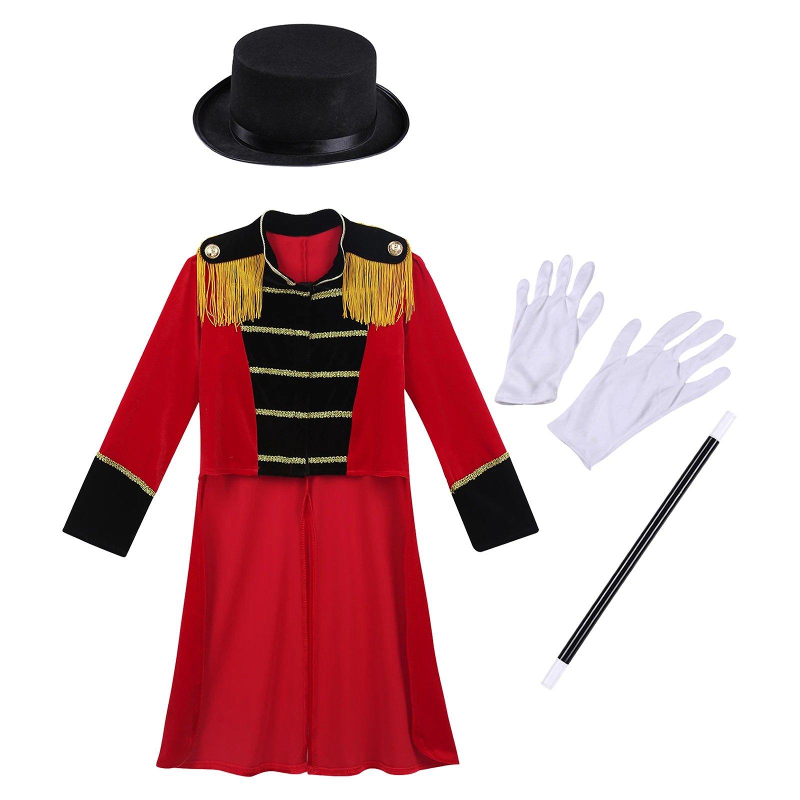 Kinder Jungen Zirkus Kostüm Set Langarm Stand Kragen Quaste Schulter Frack mit Hut Zauberstab Handschuhe für Halloween Cosplay